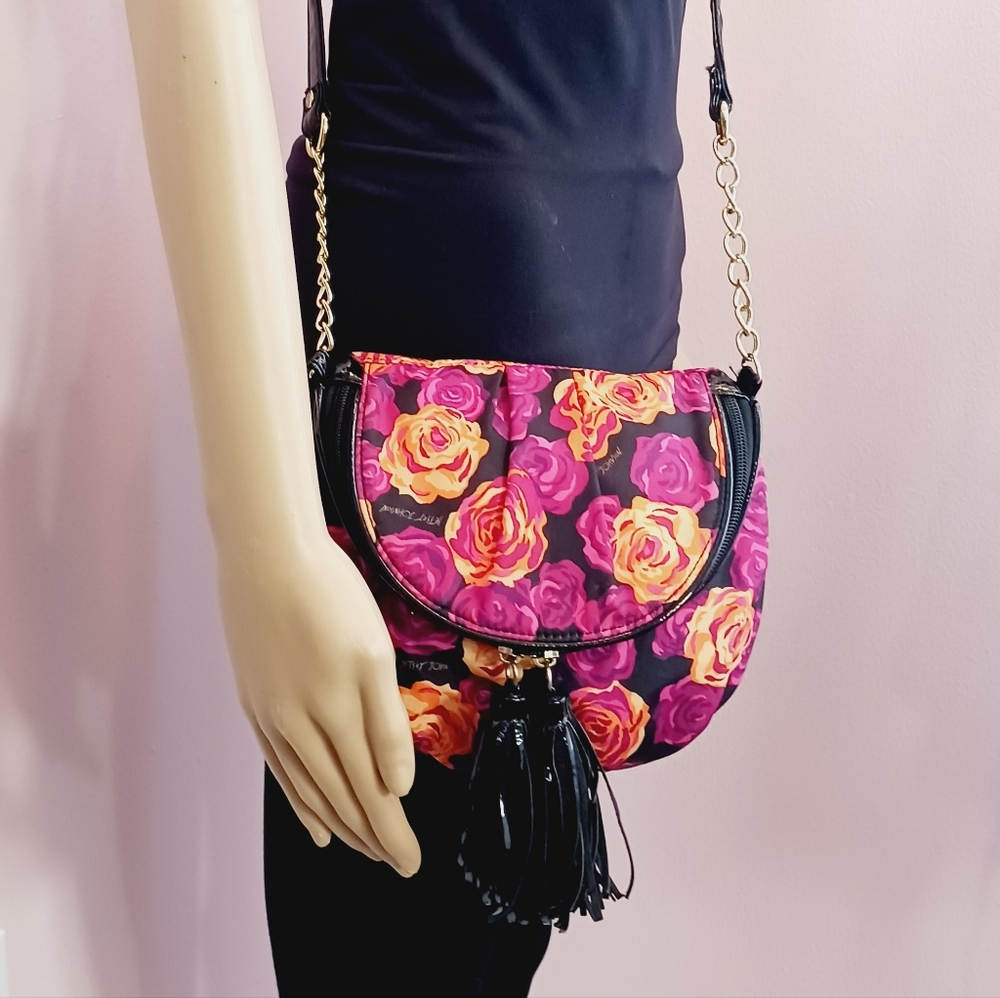 BETSEY JOHNSON Floral Satin Top Double Tassled Zip Bucket Crossbody Bag EUC